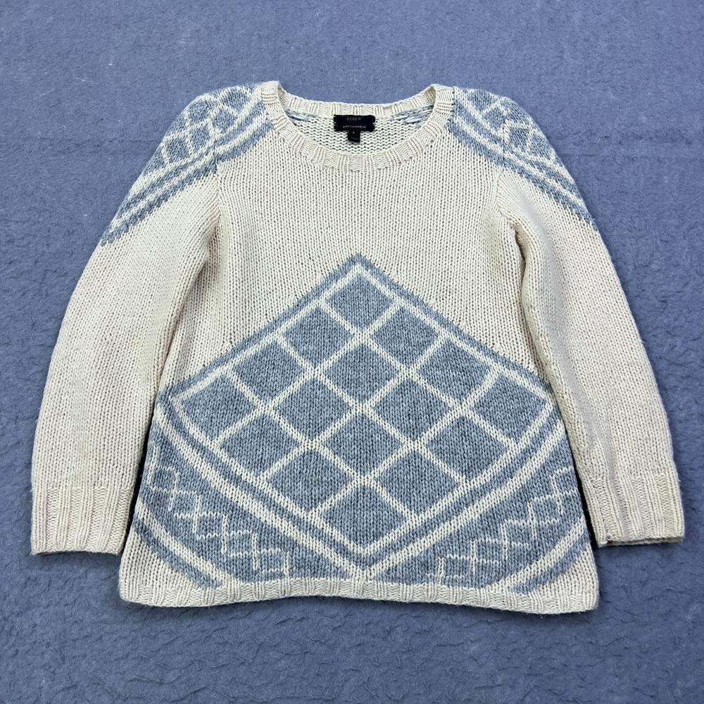 J Crew Sweater Womens Small Handknit Beige Geometric Tile Wool/Cashmere Pullover